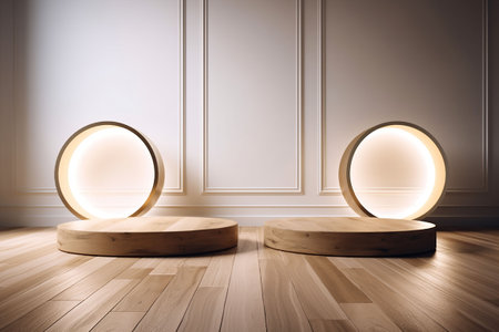 Wooden podiums on the floor in the room. 3d rendering. Generative AIの素材