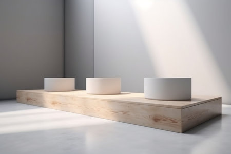 Wooden podiums in modern interior with copy space. Mockup, 3D Rendering. Generative AIの素材