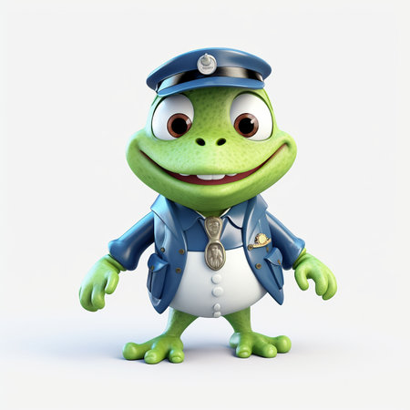 Cartoon character of a frog with police cap and uniform on white background. Generative AIの素材