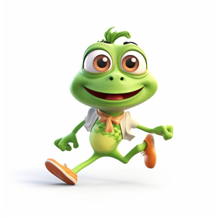 Cartoon cute , funny frog running on a white background. 3d rendering. Generative AIの素材
