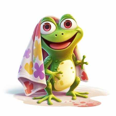 Cartoon frog with a towel on his head on a white background. Generative AIの素材