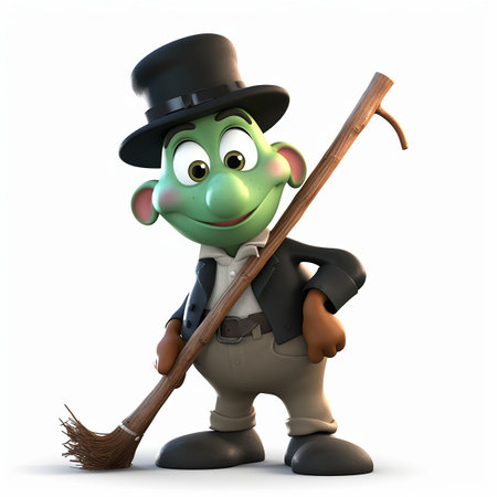 Cartoon character of leprechaun with hat and broomstick. 3d. Generative AIの素材