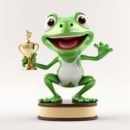 Cartoon frog with trophy on a white background. 3d rendering. Winner frog. Generative AIの素材