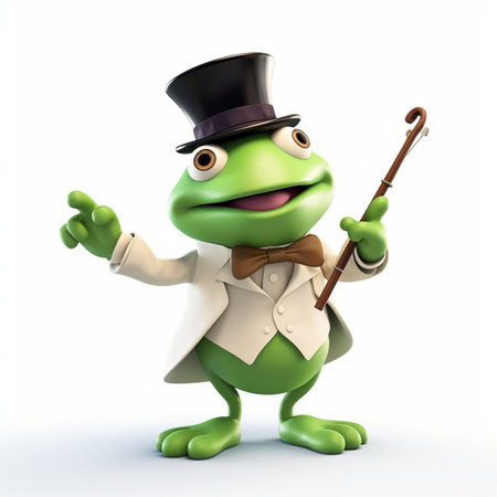Cartoon frog in a top hat with a cane on a white background. Generative AIの素材