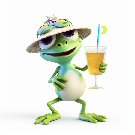 3d illustration of funny frog with hat and sunglasses holding a cocktail. Generative AIの素材