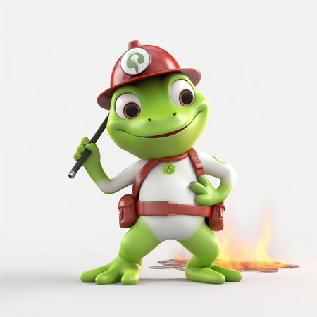 3D Render of a frog firefighter with a fire in the background. Generative AIの素材