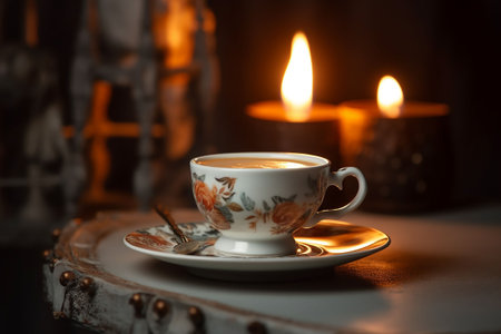 Cup of coffee on a table with candles in the background. 3d. Generative AIの素材