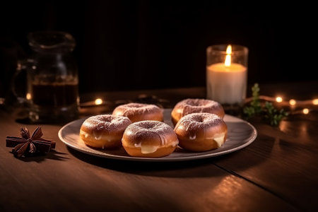 Donuts on a plate on a wooden table with a burning candle. 3d. Generative AIの素材