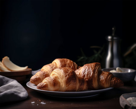 Freshly baked croissants on a rustic wooden table. 3d. Generative AIの素材
