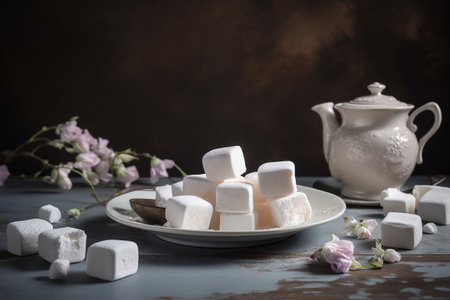 White marshmallows on a plate and a teapot. 3d. Generative AIの素材