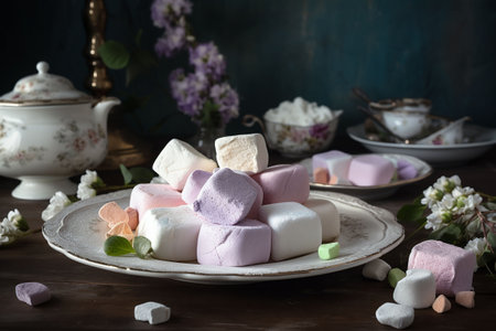 Colorful marshmallows on a rustic wooden table, selective focus. 3d. Generative AIの素材