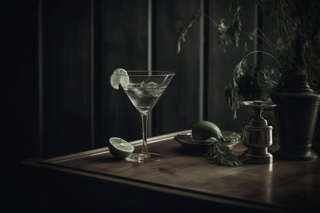 Cocktail with lime and herbs on wooden table in dark room. Generative AIの素材
