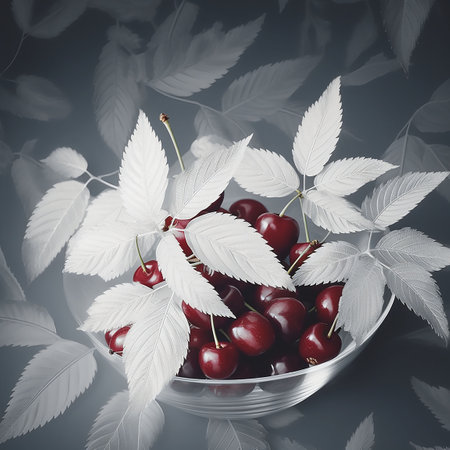 Cherries in a glass bowl with white leaves on a gray background. 3d. Generative AIの素材