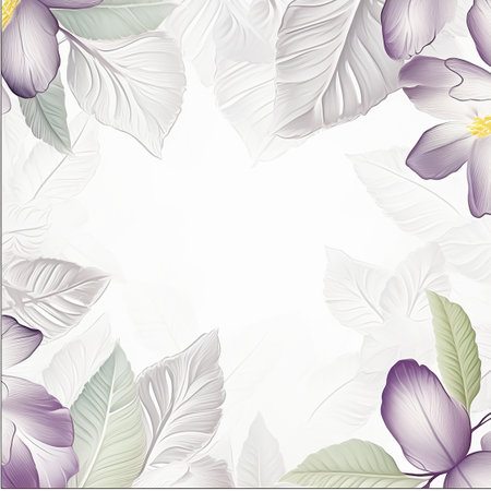 frame. Abstract background with purple and white feathers and flowers, 3d illustration. Generative AIの素材