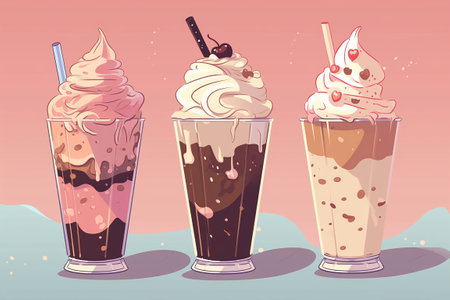 anime style. 3d illustration of three milkshakes with whipped cream, chocolate and cherry in glasses. Generative AIの素材