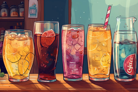 Illustration of a set of glasses with lemonade and ice cubes. Generative AIの素材