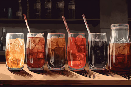 A set of glasses with different drinks on a bar counter. digital illustration. Generative AIの素材