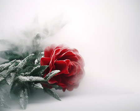 Beautiful red rose with snow and ice on white background, retro toned. Generative AIの素材