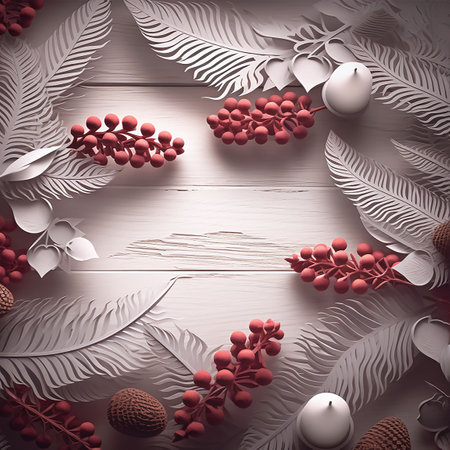 Christmas decoration with fir branches and red berries on white wooden background. Generative AIの素材