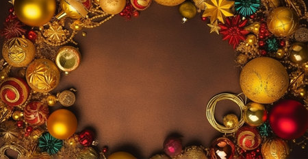 frame. Top view of christmas baubles on brown background with copy space. Generative AIの素材