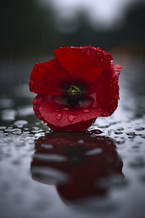 memorial day. Poster. Red poppy flower with water drops on wet surface. selective focus. Generative AIの素材