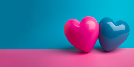 Two hearts on a blue and pink background, 3d rendering. Generative AIの素材