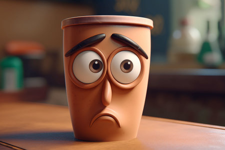 Coffee mug with sad face on table in coffee shop. Generative AIの素材