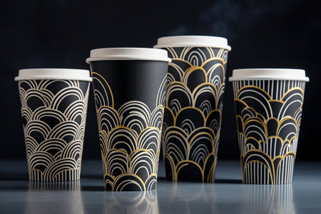 Coffee paper cups with gold pattern on a black background. Generative AIの素材