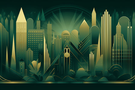 Abstract city with buildings and skyscrapers on green background. Art deco illustration. Generative AIの素材