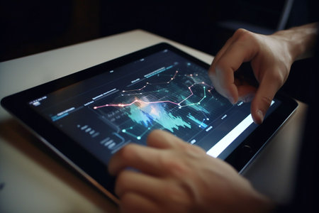Close up of human hands using tablet pc with forex chart on screen. Generative AIの素材