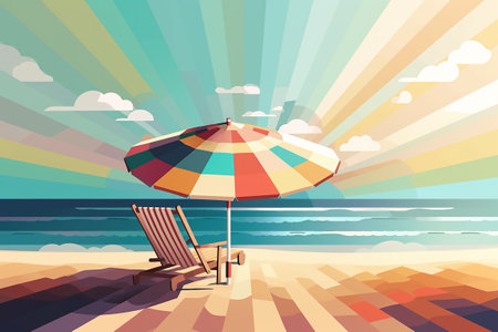 Beach umbrella and deck chair on the beach. digital illustration. Generative AIの素材