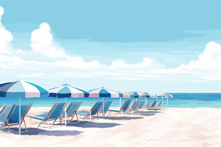 Banner. copyspace. Illustration of a beach with sunbeds and umbrellas. Generative AIの素材