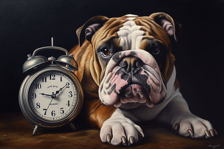 English bulldog with alarm clock on black background, concept of time management. Generative AIの素材
