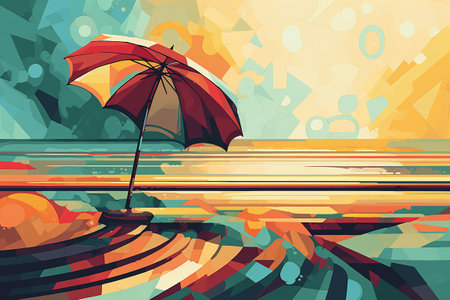Illustration of a beach with an umbrella in a retro style. summer concept. Generative AIの素材