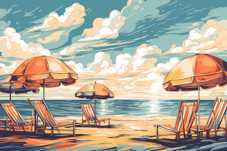 Beach with umbrellas and sun loungers, 3d illustration. Generative AIの素材