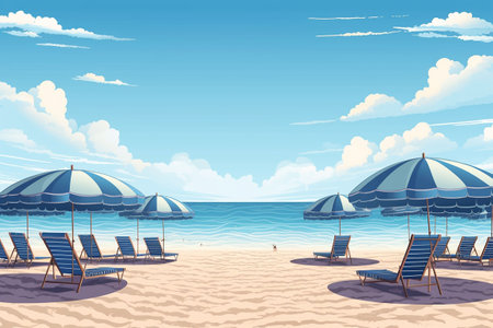 Banner. Beach with sunbeds and umbrellas. digital illustration. background. Generative AIの素材