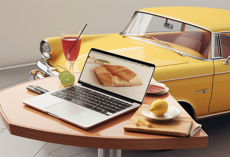 Poster. Charming collage, summer concept. Laptop on a table in the interior of a yellow retro car, fruits, wine. Generative AIの素材