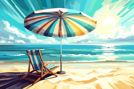 Beach chair and umbrella on the seashore. 3d illustration. Generative AIの素材
