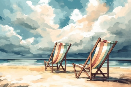 Illustration of two deckchairs on the sandy beach in the evening. Generative AIの素材
