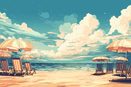 Beach with sun loungers and umbrellas. 3d illustration. summer concept. Banner. copyspace. Generative AIの素材
