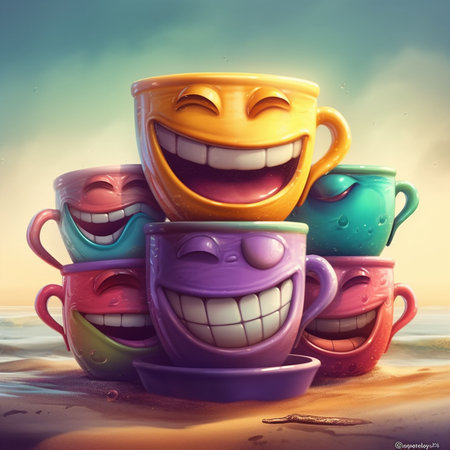 Cartoon. Funny smiley coffee cups on the beach. 3d illustration. Generative AIの素材