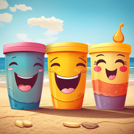Cute plastic cups with funny faces on the beach. 3d illustration. Generative AIの素材