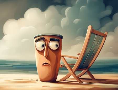 Illustration of a beach chair and a coffee cup with a sad face. Generative AIの素材