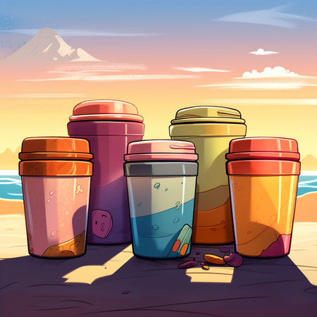 Colorful coffee cups on the beach at sunset.Flat illustration. Generative AIの素材