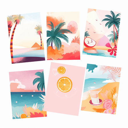Collage. Set of summer postcards with palm tree, sun, sea. flat illustration. Generative AIの素材