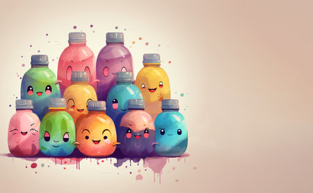 Group of colorful plastic bottles with smiling faces. cartoon character illustration. Generative AIの素材
