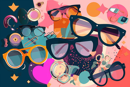 Collage. Colorful hipster background with glasses and accessories. flat illustration. Generative AIの素材