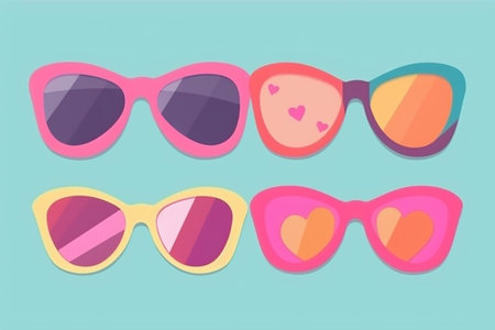 Pink sunglasses with hearts. Digital illustration in flat style on blue background. Generative AIの素材
