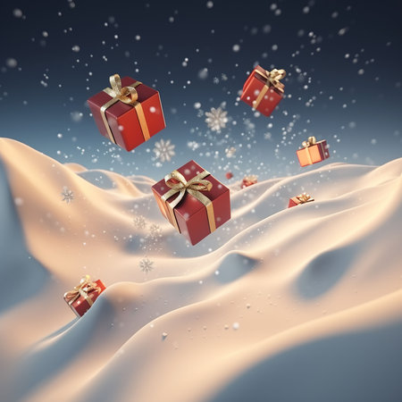 3d illustration of Christmas gift boxes flying in snowfall on blue background. Generative AIの素材