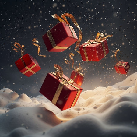 Gift boxes flying in the snow. Christmas background. 3d rendering. Generative AIの素材